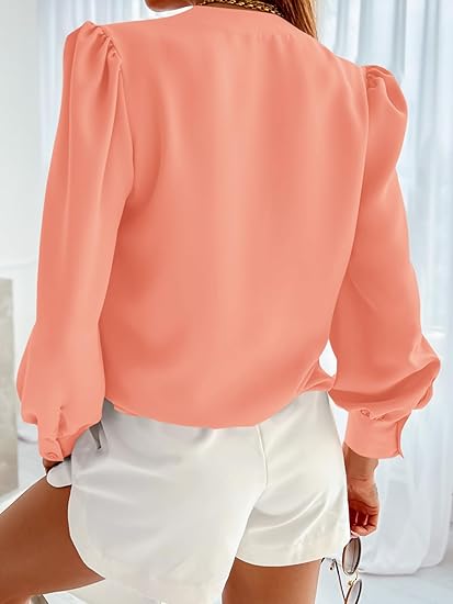 Tankaneo Business Casual Tops Summer Long Sleeve Button Down Shirts V Neck Chiffon Blouses