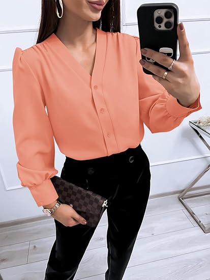 Tankaneo Business Casual Tops Summer Long Sleeve Button Down Shirts V Neck Chiffon Blouses