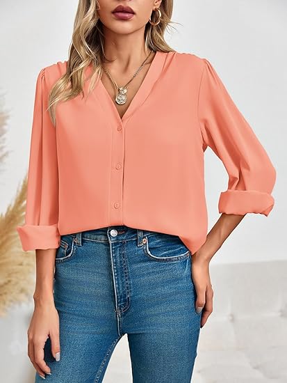 Tankaneo Business Casual Tops Summer Long Sleeve Button Down Shirts V Neck Chiffon Blouses