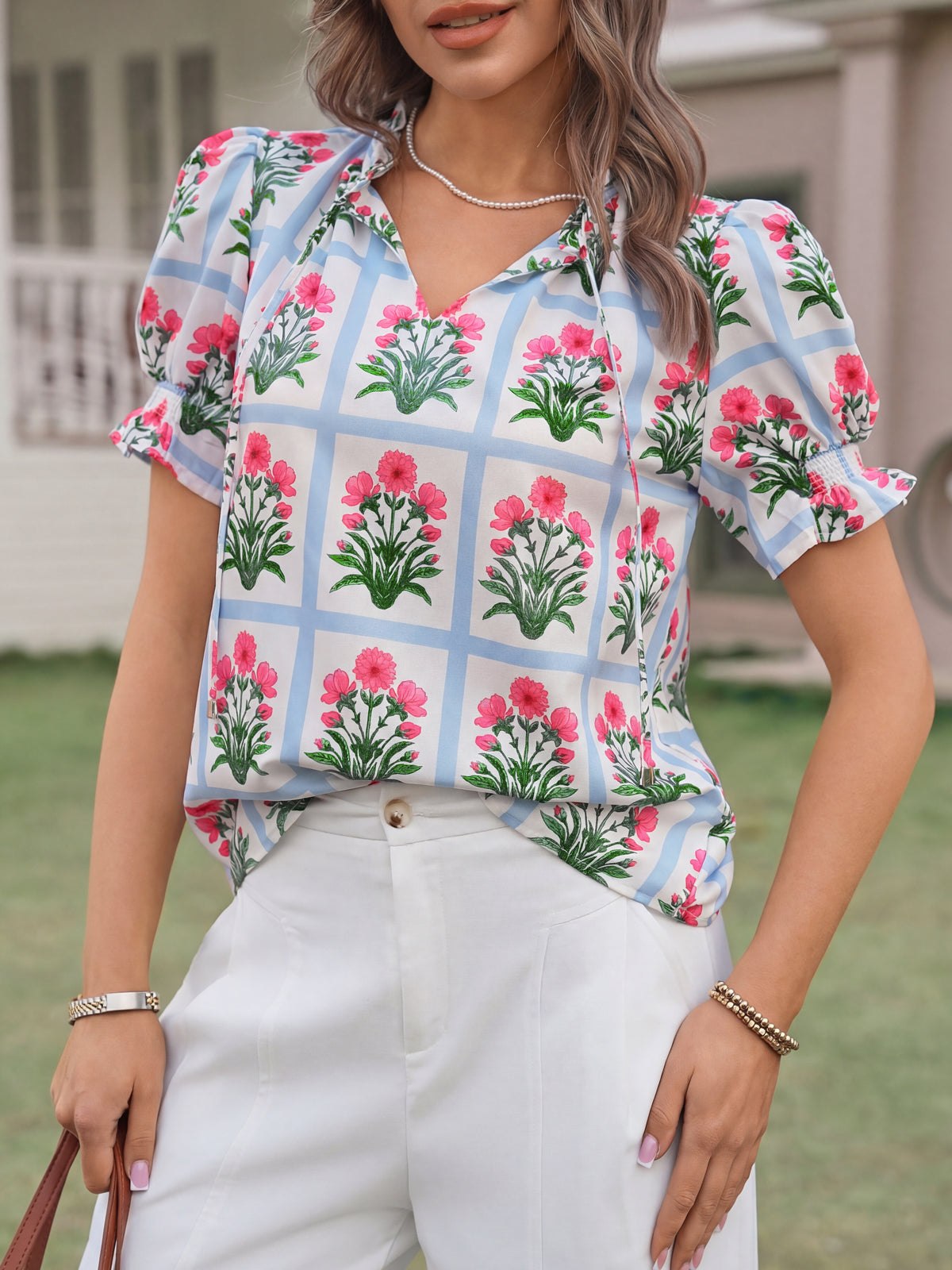 Tankaneo Womens Summer Floral Ruffle V Neck Blouses Dressy Casual Puff Short Sleeve Loose Fit Boho Shirts Tops