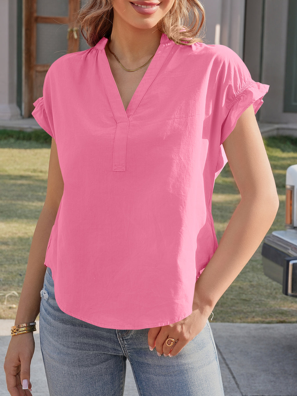 Tankaneo Womens Puff Sleeve V Neck Tops Summer Casual Cotton Blouse Trendy Loose Fit Tunic Shirts