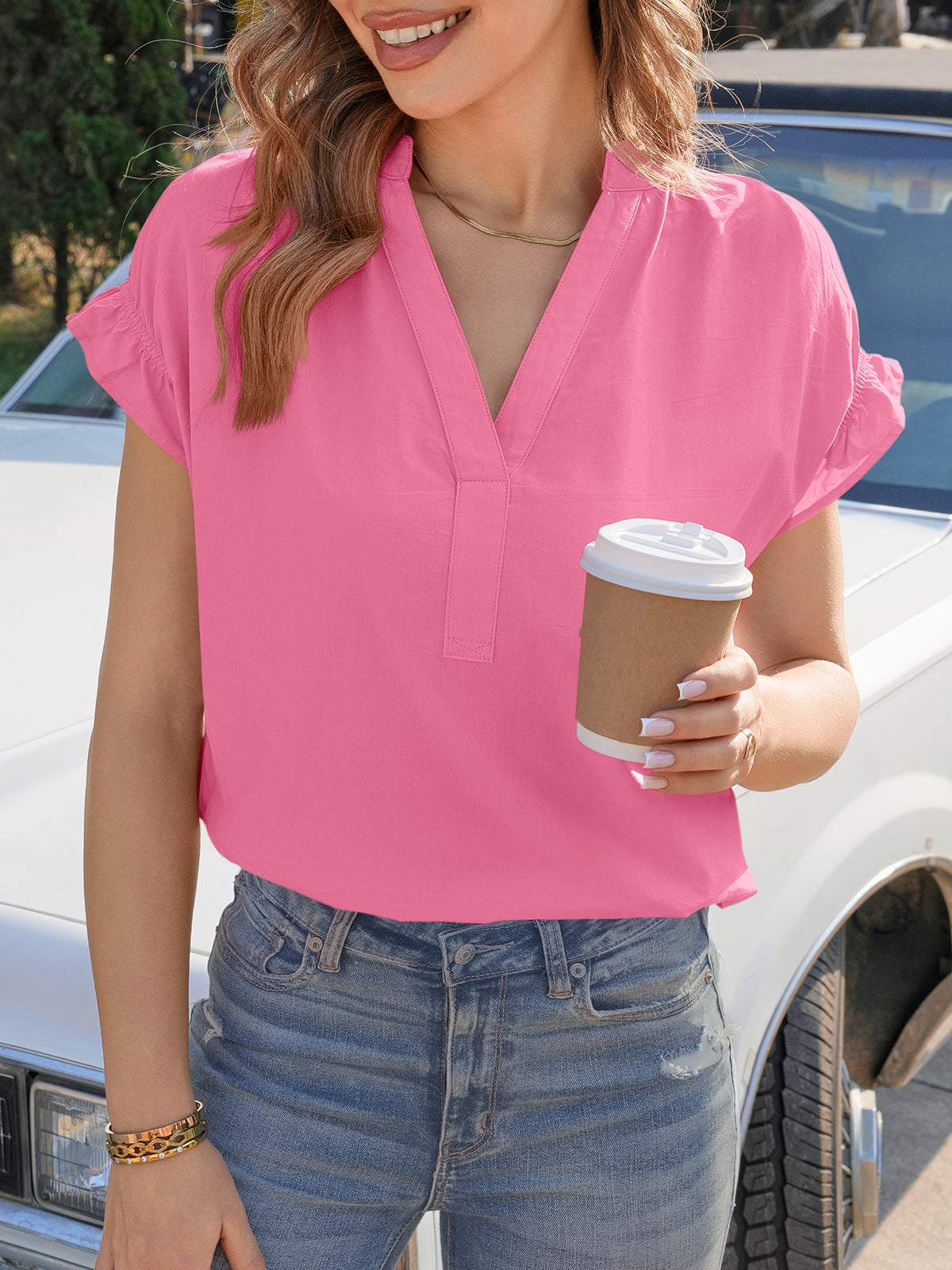 Tankaneo Womens Puff Sleeve V Neck Tops Summer Casual Cotton Blouse Trendy Loose Fit Tunic Shirts