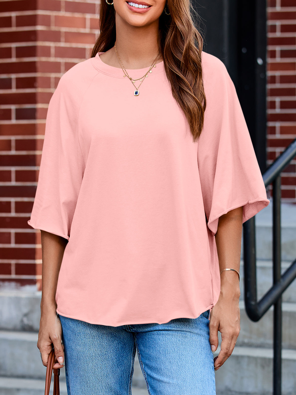 Tankaneo Womens Oversized Half Sleeve T-Shirts Trendy Casual Loose Fit Tops Summer Crew Neck Baggy Shirts