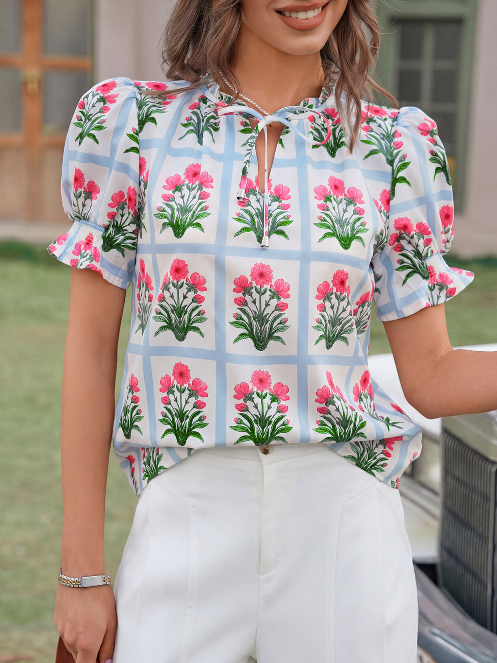 Tankaneo Womens Summer Floral Ruffle V Neck Blouses Dressy Casual Puff Short Sleeve Loose Fit Boho Shirts Tops