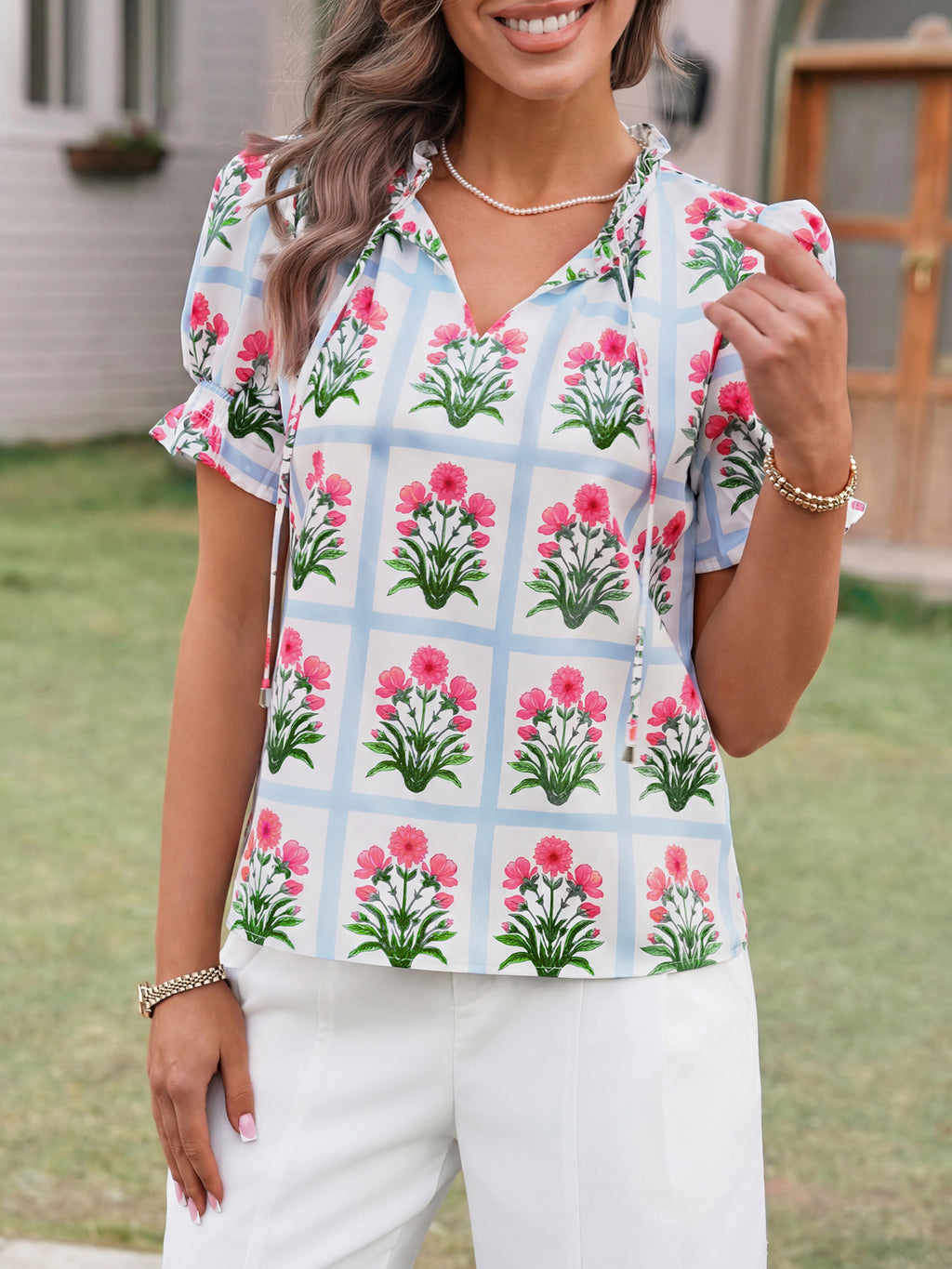 Tankaneo Womens Summer Floral Ruffle V Neck Blouses Dressy Casual Puff Short Sleeve Loose Fit Boho Shirts Tops