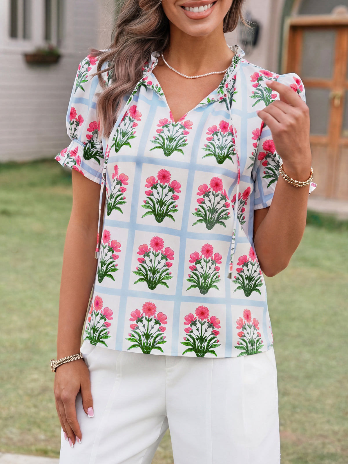 Tankaneo Womens Summer Floral Ruffle V Neck Blouses Dressy Casual Puff Short Sleeve Loose Fit Boho Shirts Tops