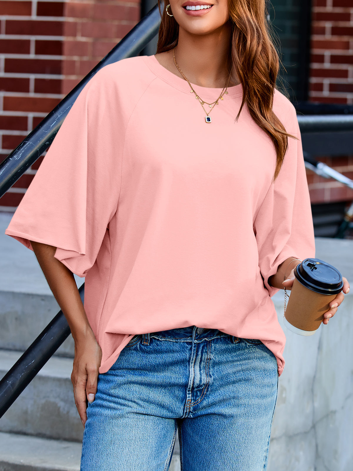 Tankaneo Womens Oversized Half Sleeve T-Shirts Trendy Casual Loose Fit Tops Summer Crew Neck Baggy Shirts