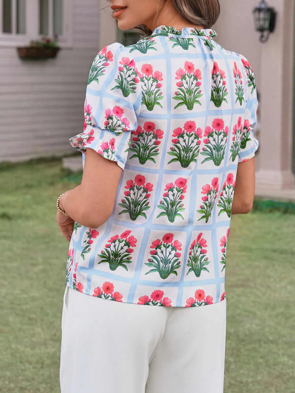 Tankaneo Womens Summer Floral Ruffle V Neck Blouses Dressy Casual Puff Short Sleeve Loose Fit Boho Shirts Tops