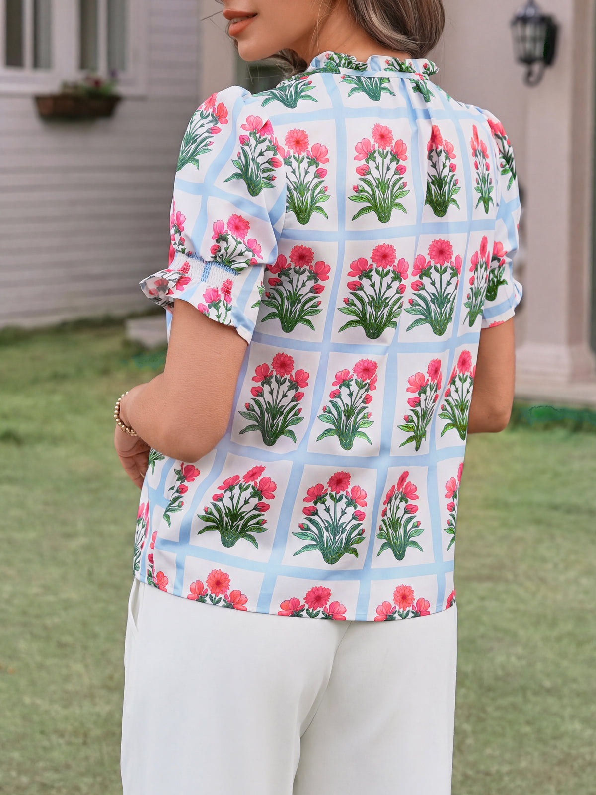 Tankaneo Womens Summer Floral Ruffle V Neck Blouses Dressy Casual Puff Short Sleeve Loose Fit Boho Shirts Tops