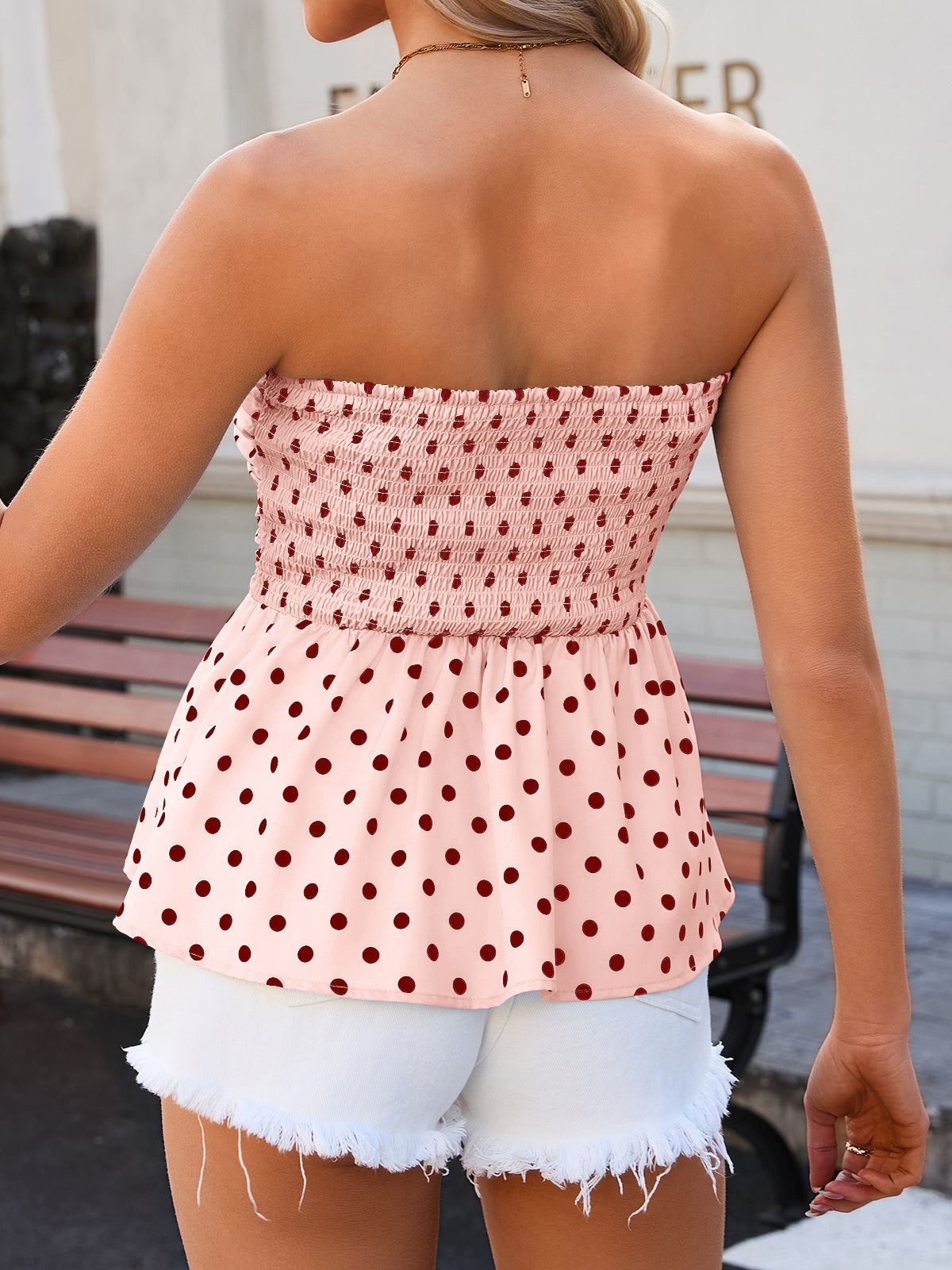 Tankaneo Womens Strapless Polka Dot Tube Tops Cute Backless Peplumn Ruffle Hem Bandeau Top Slim Fit Y2k Tank Tops