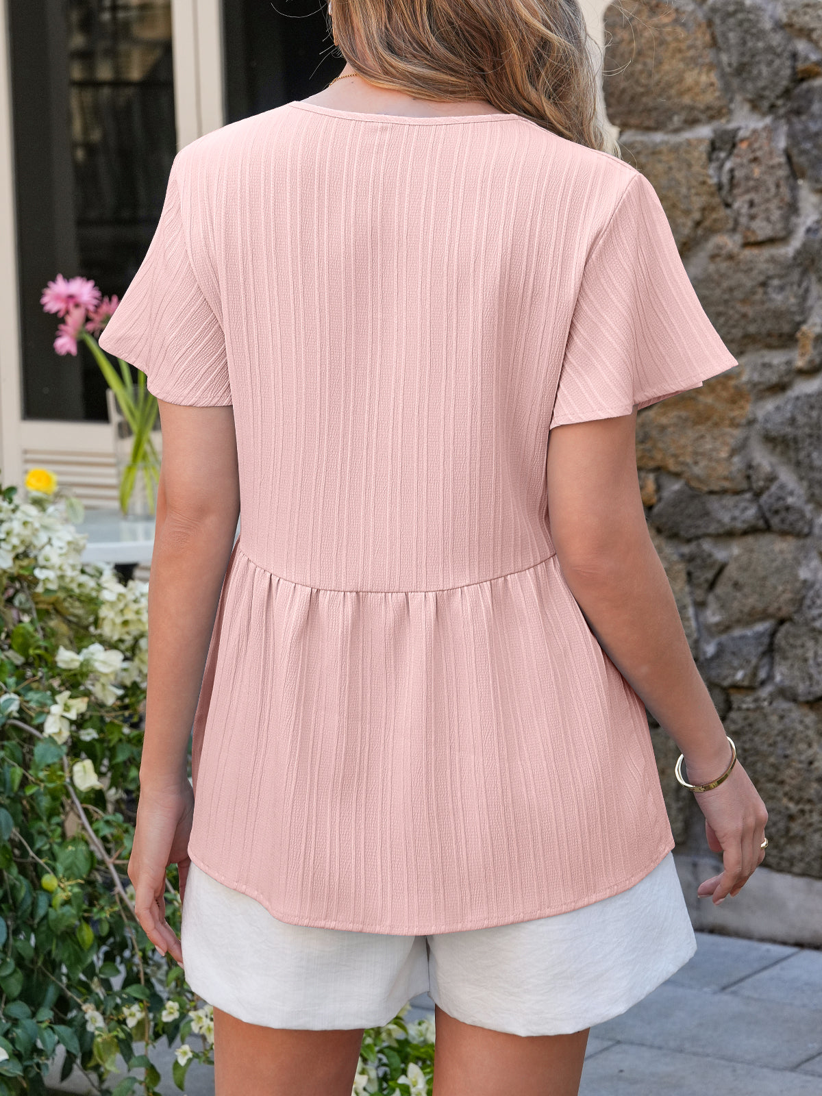 Tankaneo Womens Short Sleeve Blouse Casual Button Down V Neck Babydoll Shirt Loose Fit Ruffle Hem Peplum Tops