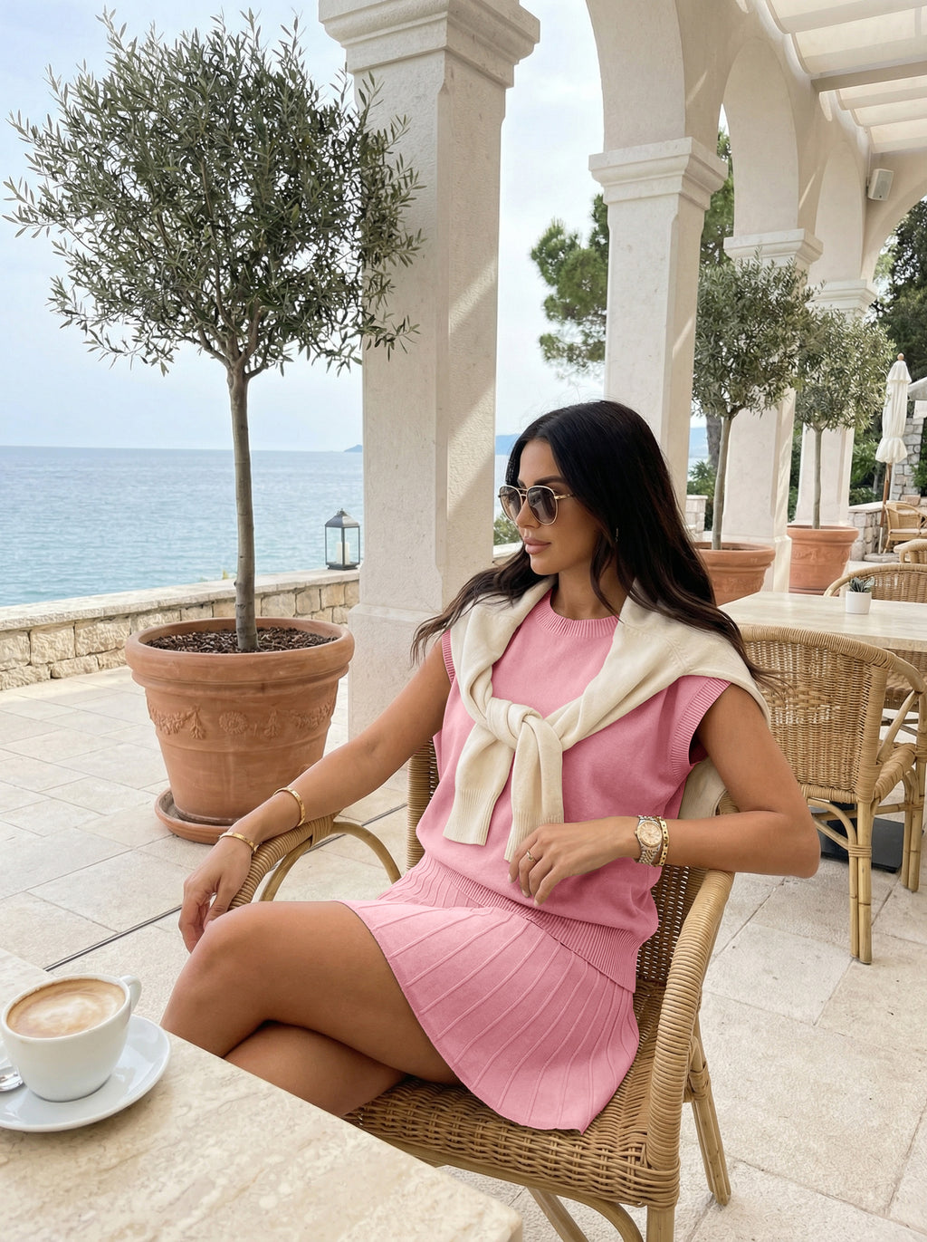 Tankaneo Womens 2 Piece Outfits Sweater Skirt Sets Cap Sleeve Sweater Tops Pleated Mini Skirt Knit Lounge Matching Set