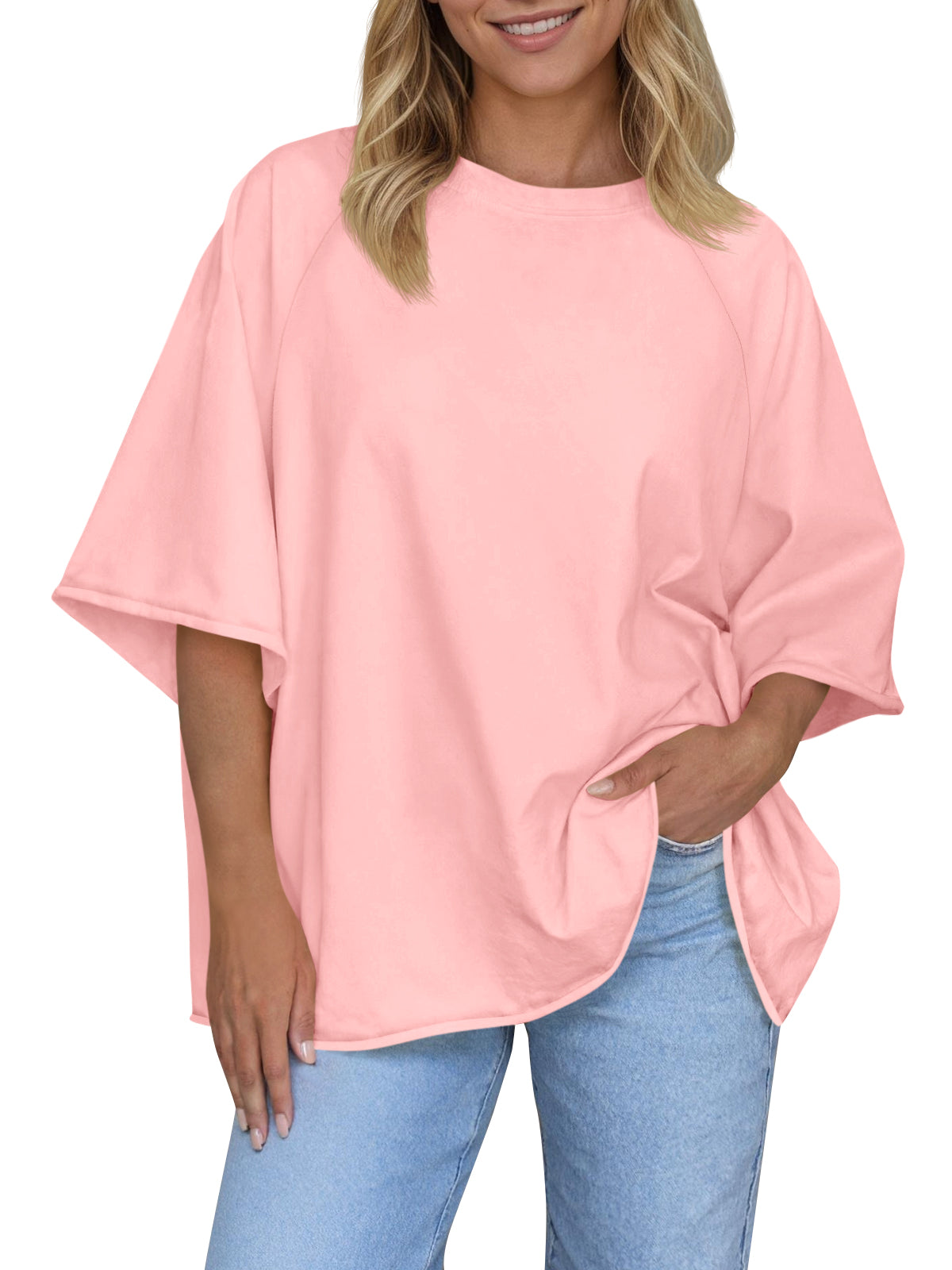 Tankaneo Womens Oversized Half Sleeve T-Shirts Trendy Casual Loose Fit Tops Summer Crew Neck Baggy Shirts