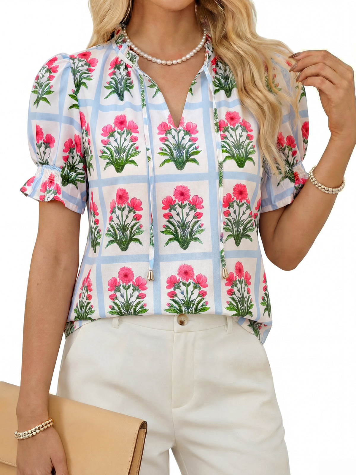 Tankaneo Womens Summer Floral Ruffle V Neck Blouses Dressy Casual Puff Short Sleeve Loose Fit Boho Shirts Tops