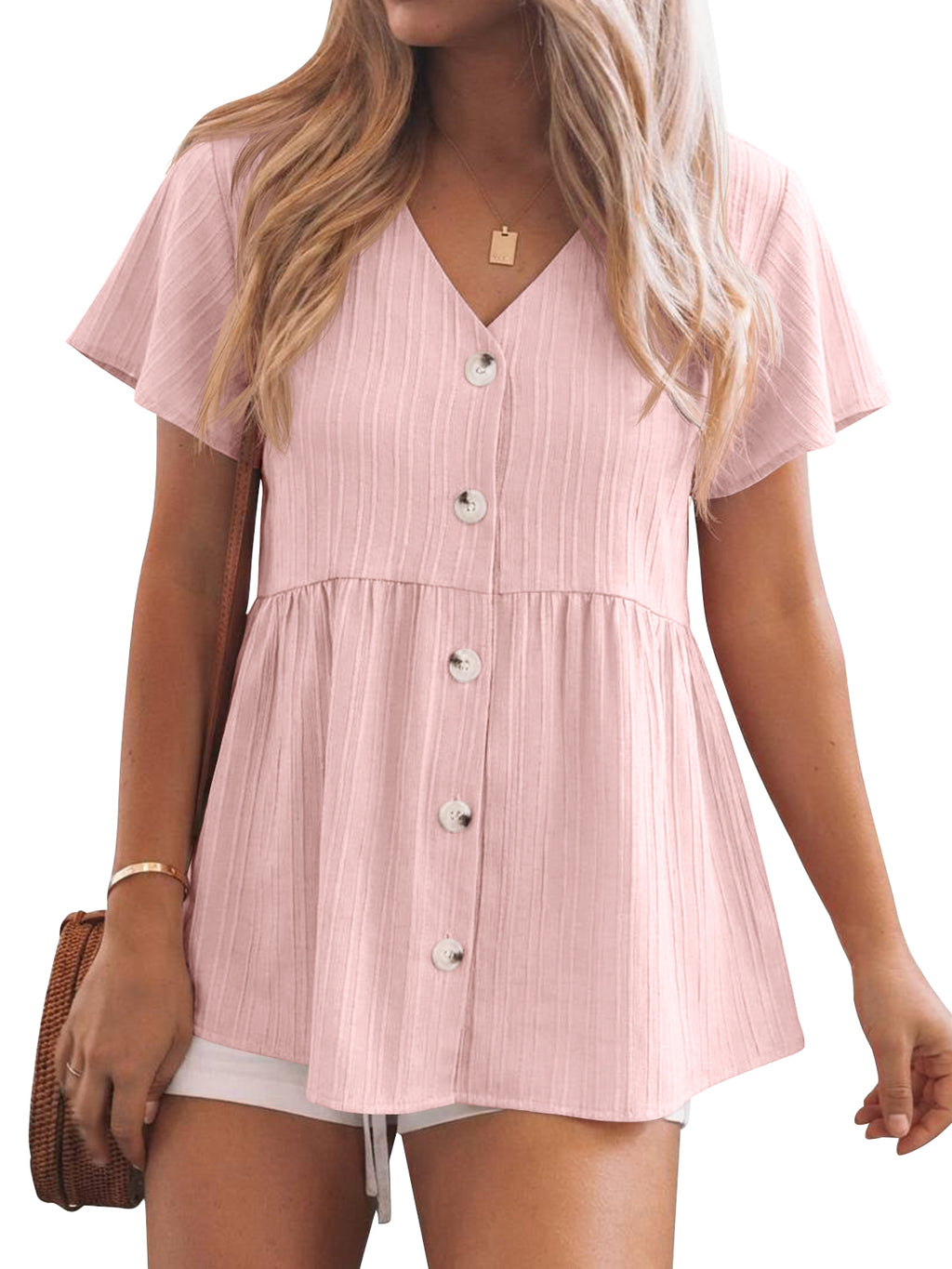 Tankaneo Womens Short Sleeve Blouse Casual Button Down V Neck Babydoll Shirt Loose Fit Ruffle Hem Peplum Tops