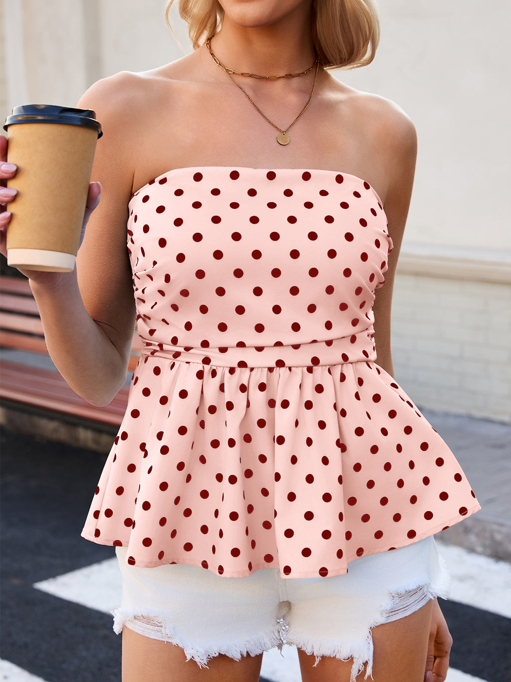 Tankaneo Womens Strapless Polka Dot Tube Tops Cute Backless Peplumn Ruffle Hem Bandeau Top Slim Fit Y2k Tank Tops