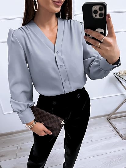 Tankaneo Business Casual Tops Summer Long Sleeve Button Down Shirts V Neck Chiffon Blouses