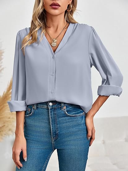 Tankaneo Business Casual Tops Summer Long Sleeve Button Down Shirts V Neck Chiffon Blouses