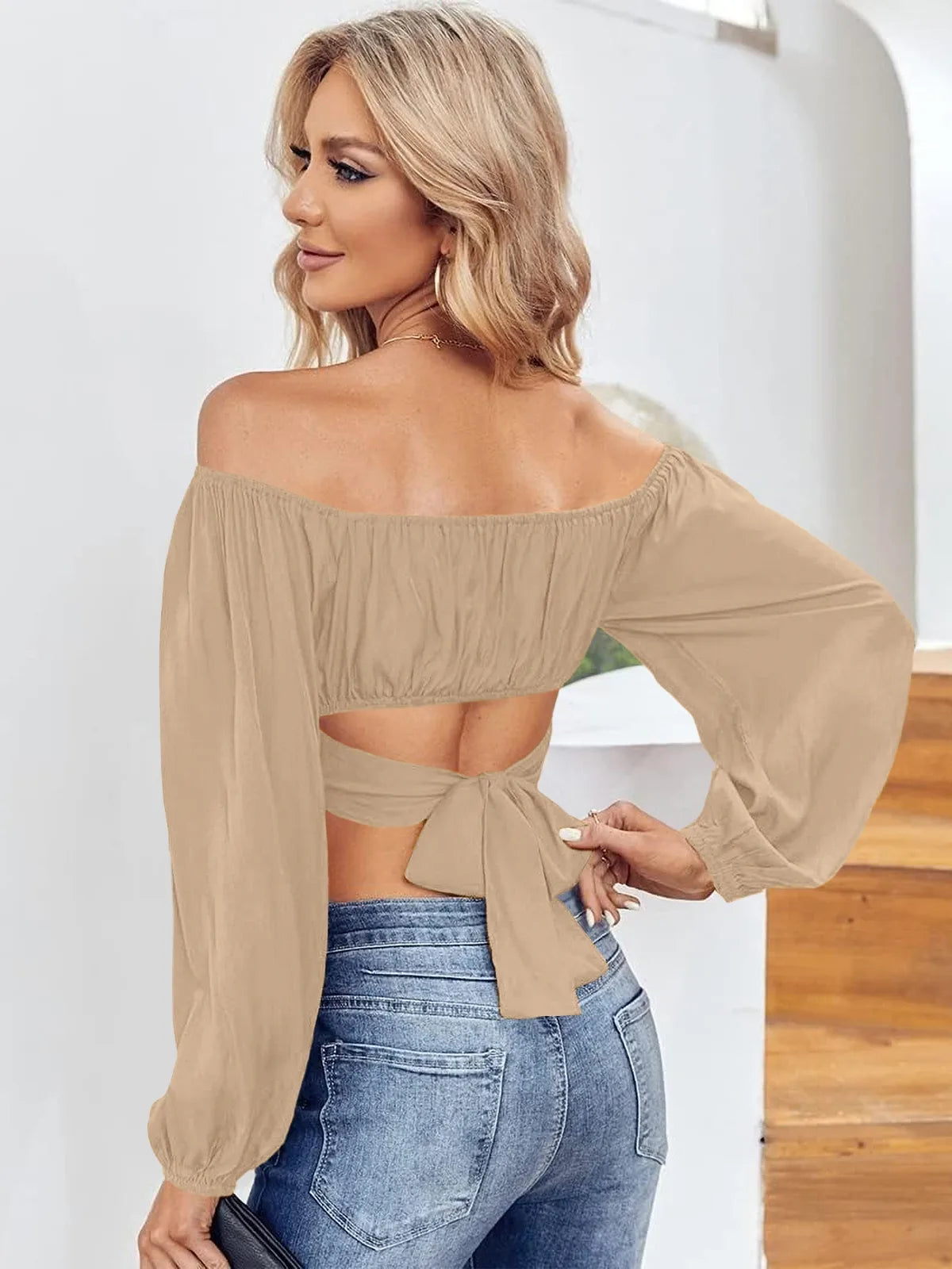 Tankaneo Women's Tie Back Off Shoulder Crop Top