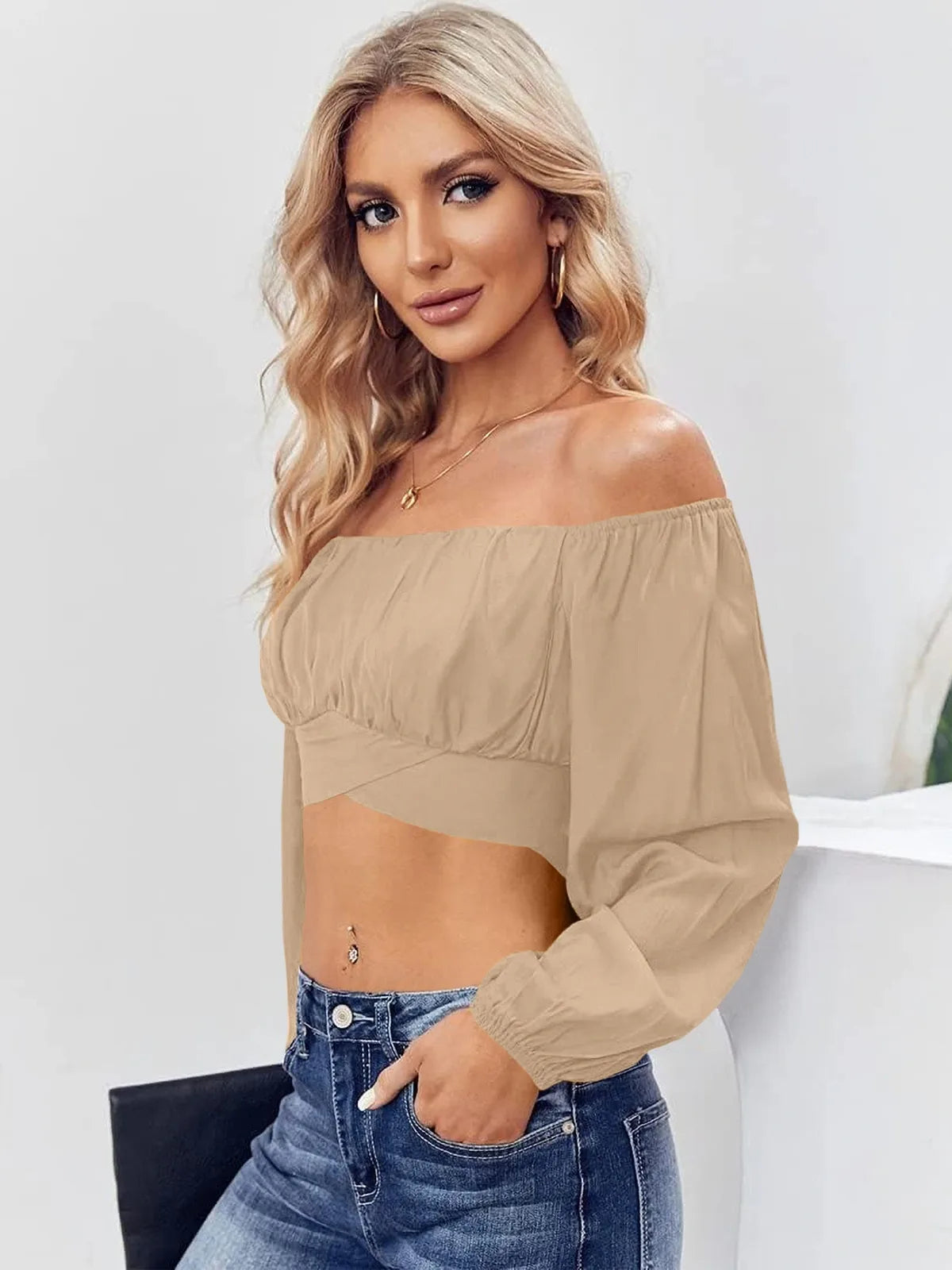 Tankaneo Women's Tie Back Off Shoulder Crop Top