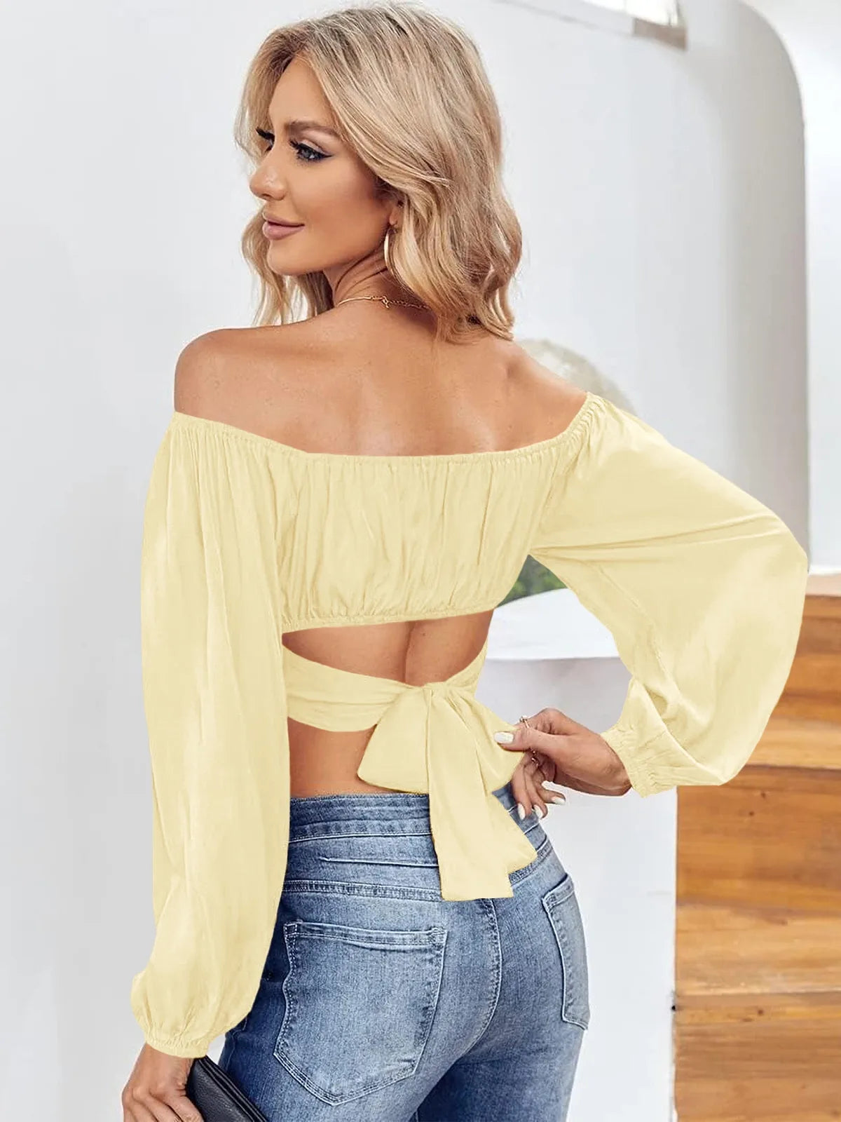Tankaneo Women's Tie Back Off Shoulder Crop Top