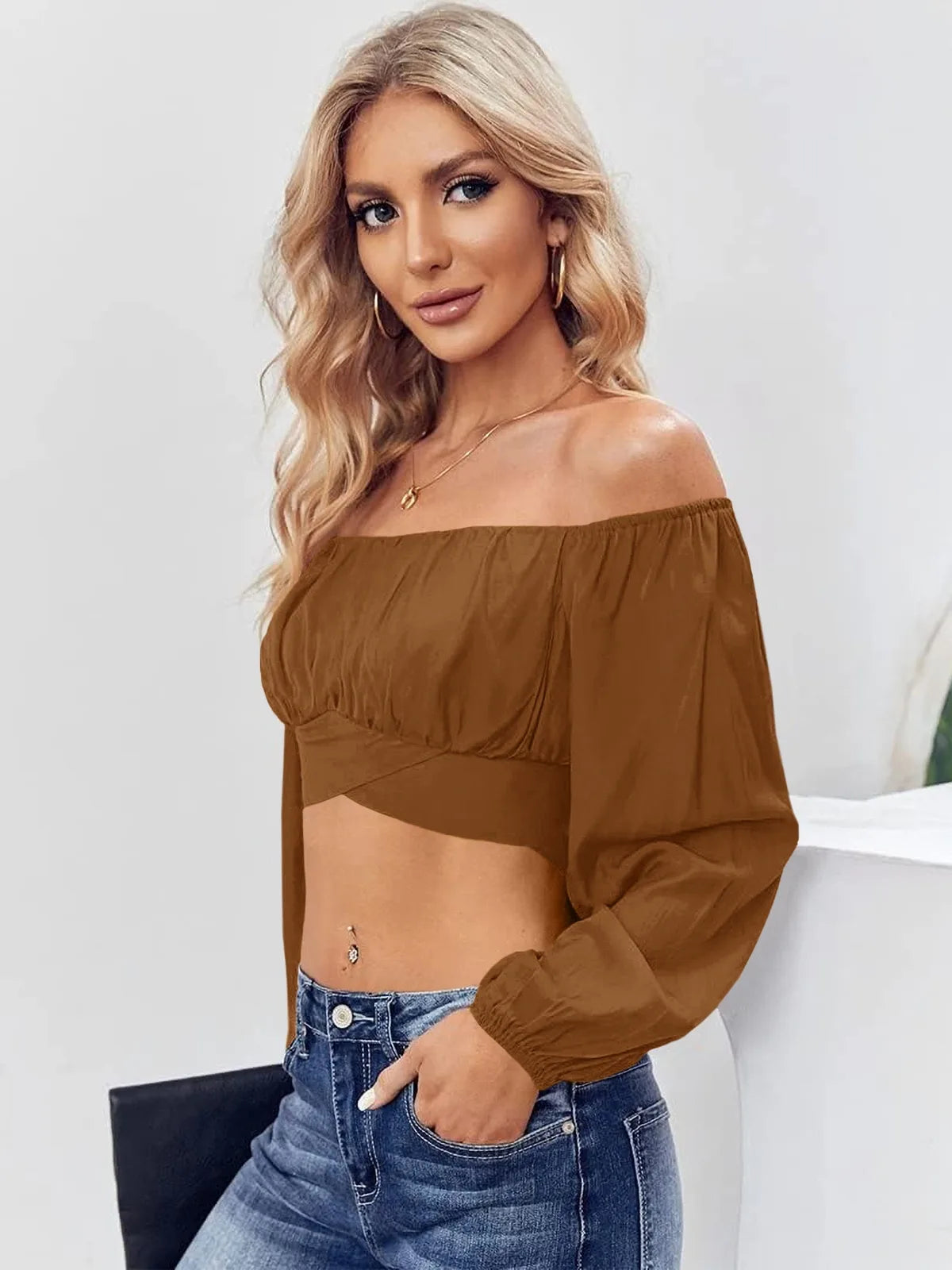 Tankaneo Women's Tie Back Off Shoulder Crop Top