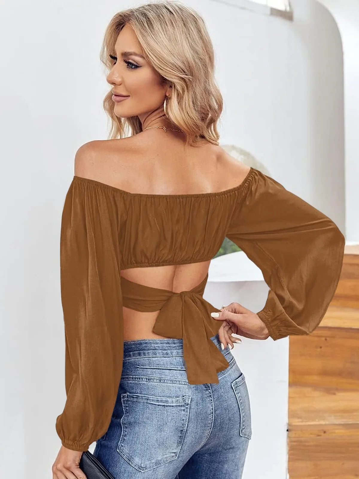 Tankaneo Women's Tie Back Off Shoulder Crop Top
