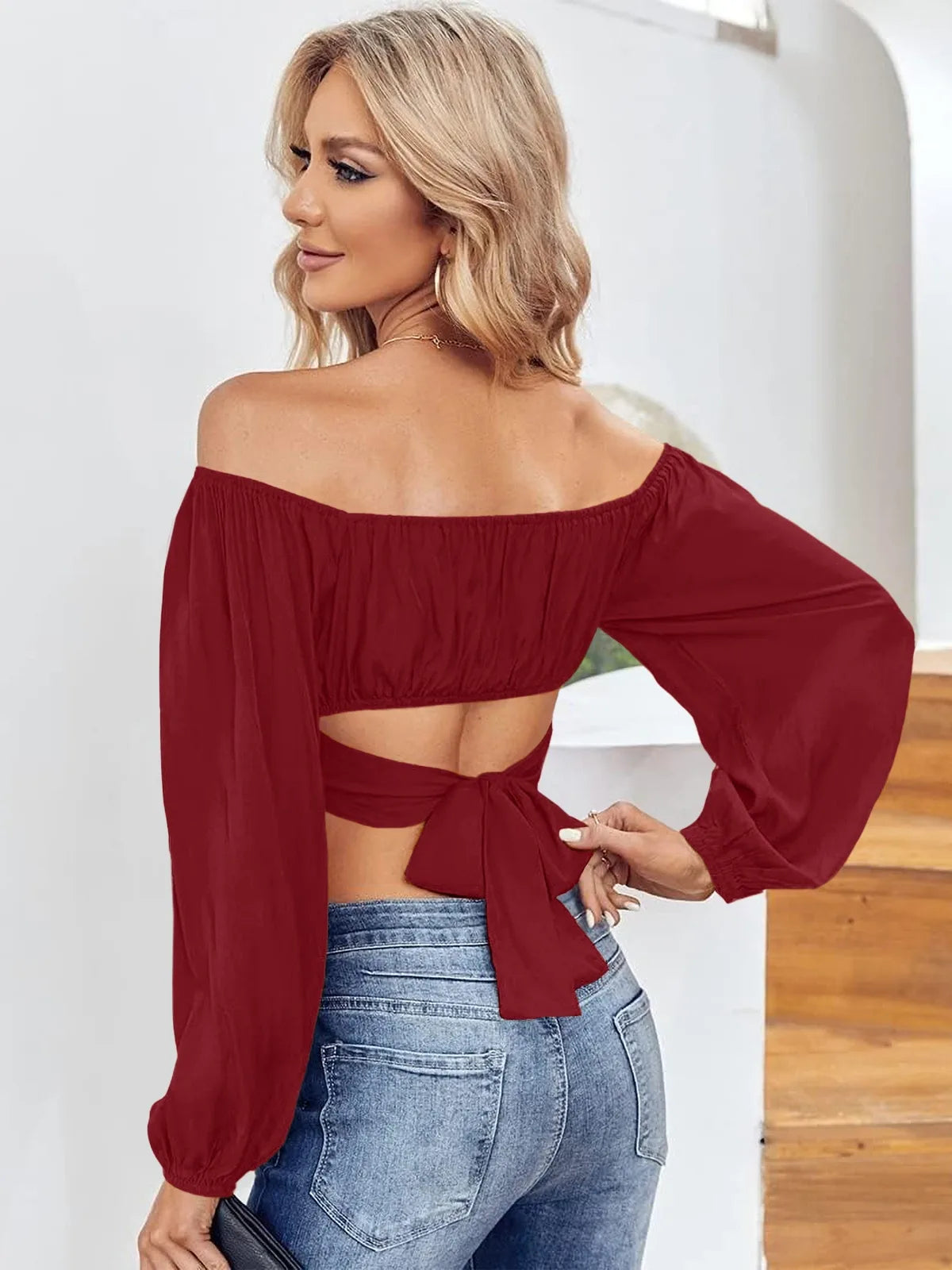 Tankaneo Women's Tie Back Off Shoulder Crop Top