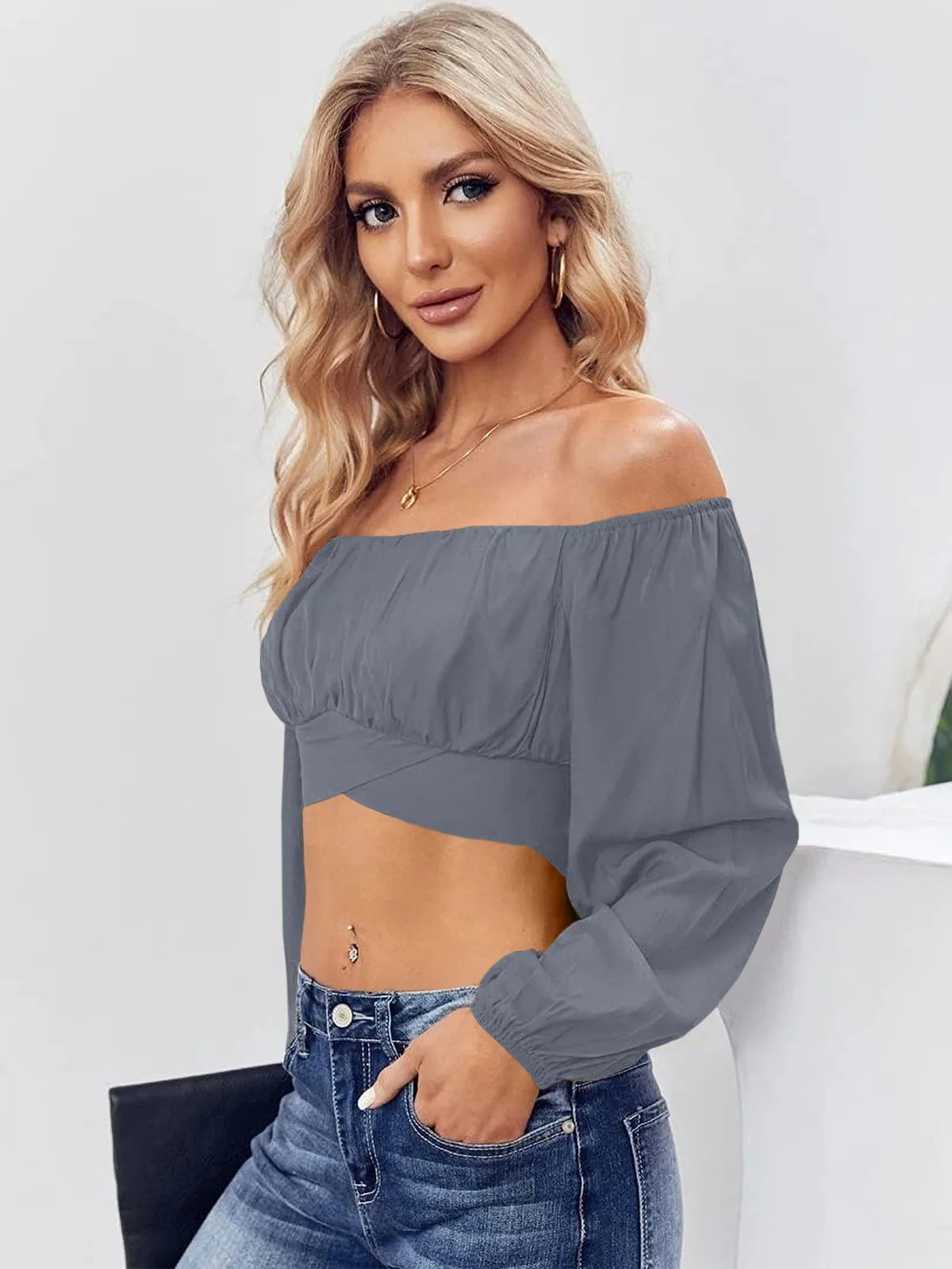Tankaneo Women's Tie Back Off Shoulder Crop Top
