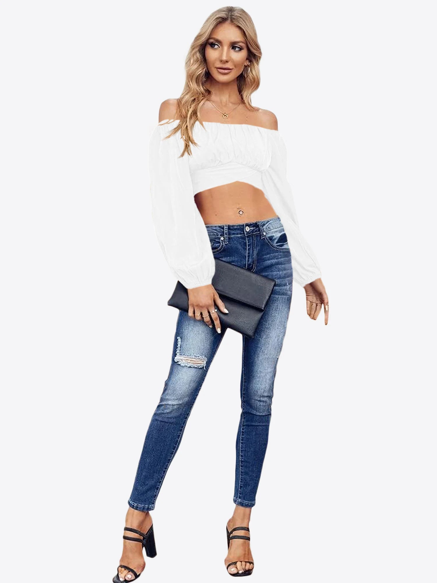 Tankaneo Women's Tie Back Off Shoulder Crop Top
