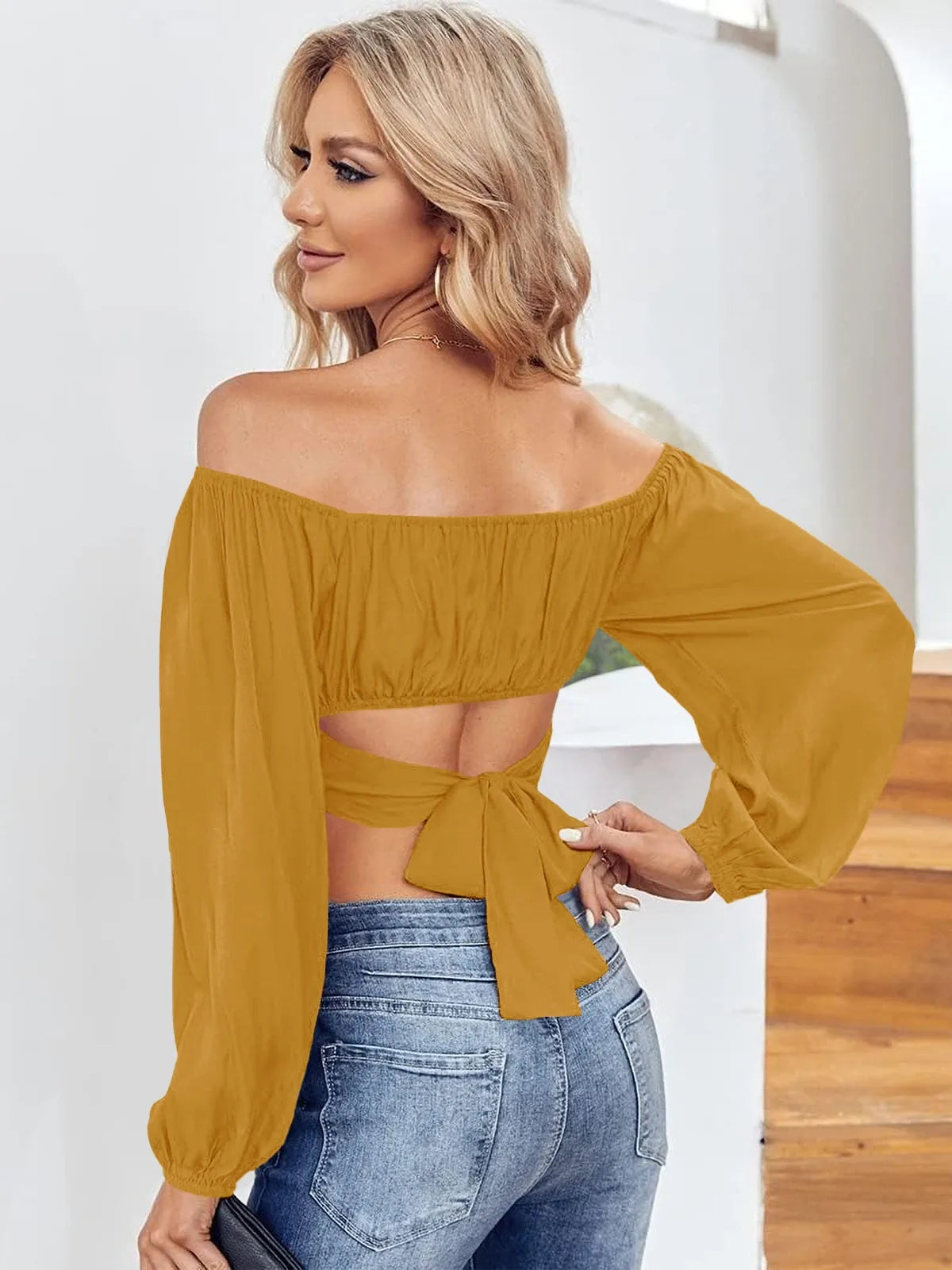 Tankaneo Women's Tie Back Off Shoulder Crop Top