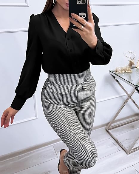 Tankaneo Business Casual Tops Summer Long Sleeve Button Down Shirts V Neck Chiffon Blouses