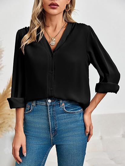 Tankaneo Business Casual Tops Summer Long Sleeve Button Down Shirts V Neck Chiffon Blouses