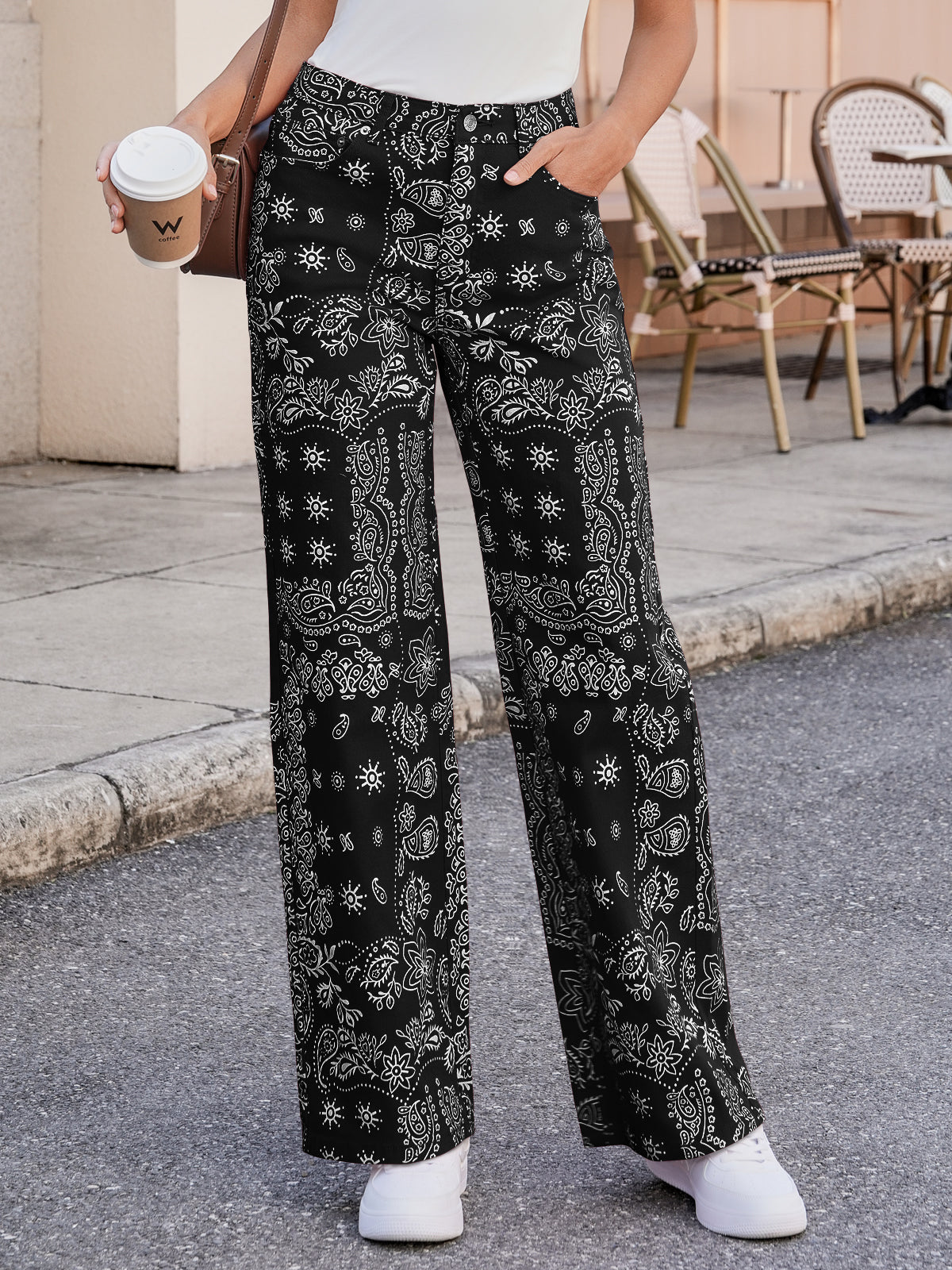 Tankaneo Womens Baggy Wide Leg Jeans Floral Print High Waist Stretchy Vintage Boyfriend Boho Denim Pants with Pockets