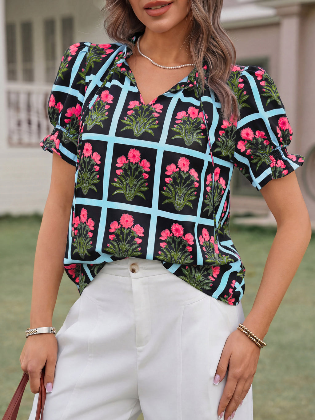 Tankaneo Womens Summer Floral Ruffle V Neck Blouses Dressy Casual Puff Short Sleeve Loose Fit Boho Shirts Tops