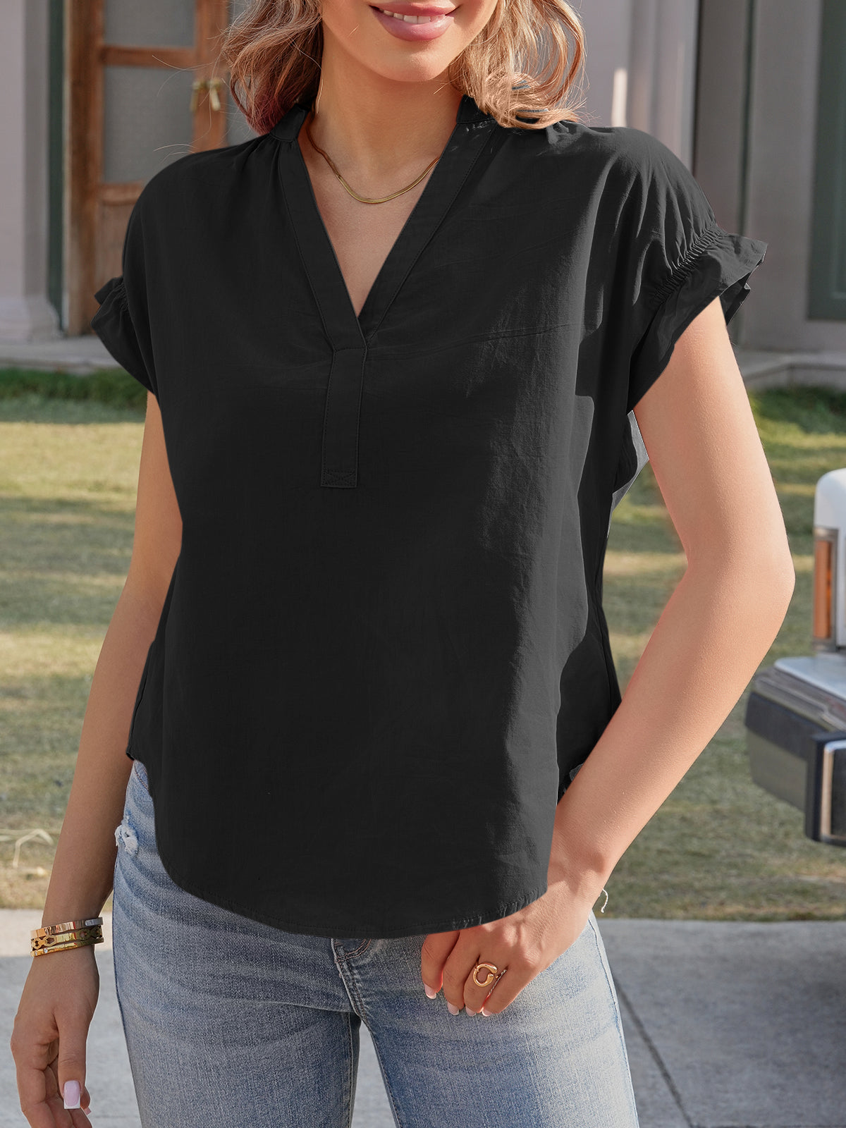 Tankaneo Womens Puff Sleeve V Neck Tops Summer Casual Cotton Blouse Trendy Loose Fit Tunic Shirts