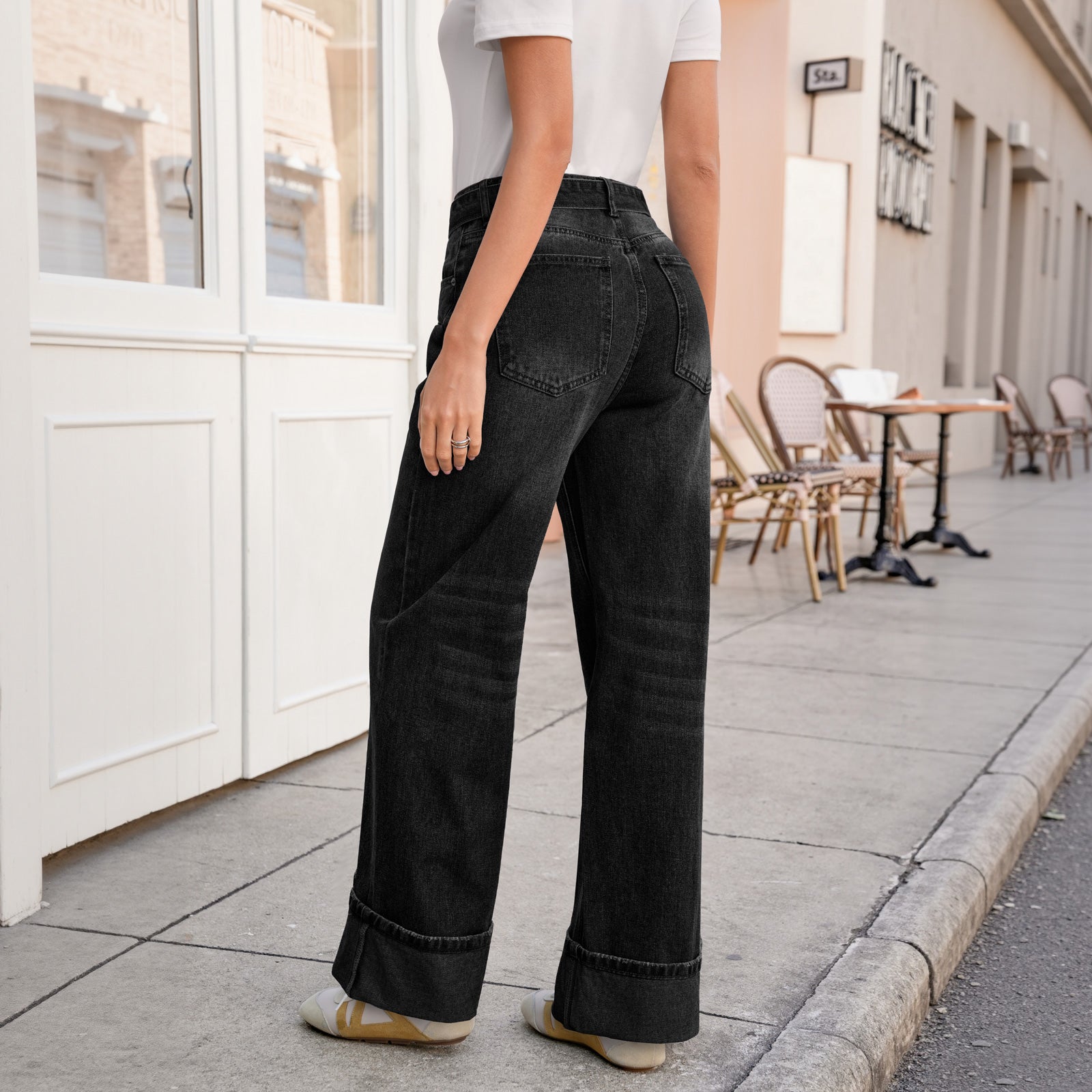 Tankaneo Womens Wide Leg Cuffed Jeans Trendy High Waisted Baggy Boyfriend Casual Denim Pants with Belted