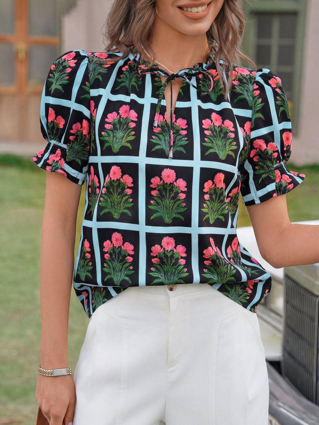 Tankaneo Womens Summer Floral Ruffle V Neck Blouses Dressy Casual Puff Short Sleeve Loose Fit Boho Shirts Tops