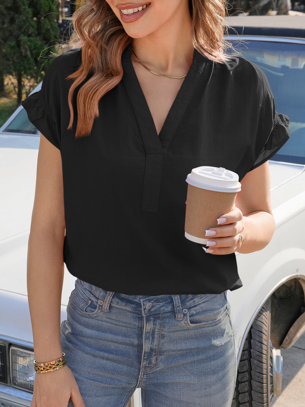 Tankaneo Womens Puff Sleeve V Neck Tops Summer Casual Cotton Blouse Trendy Loose Fit Tunic Shirts