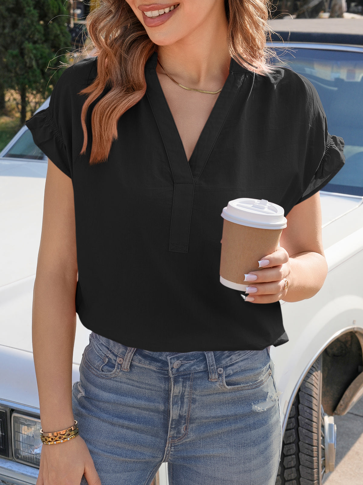 Tankaneo Womens Puff Sleeve V Neck Tops Summer Casual Cotton Blouse Trendy Loose Fit Tunic Shirts