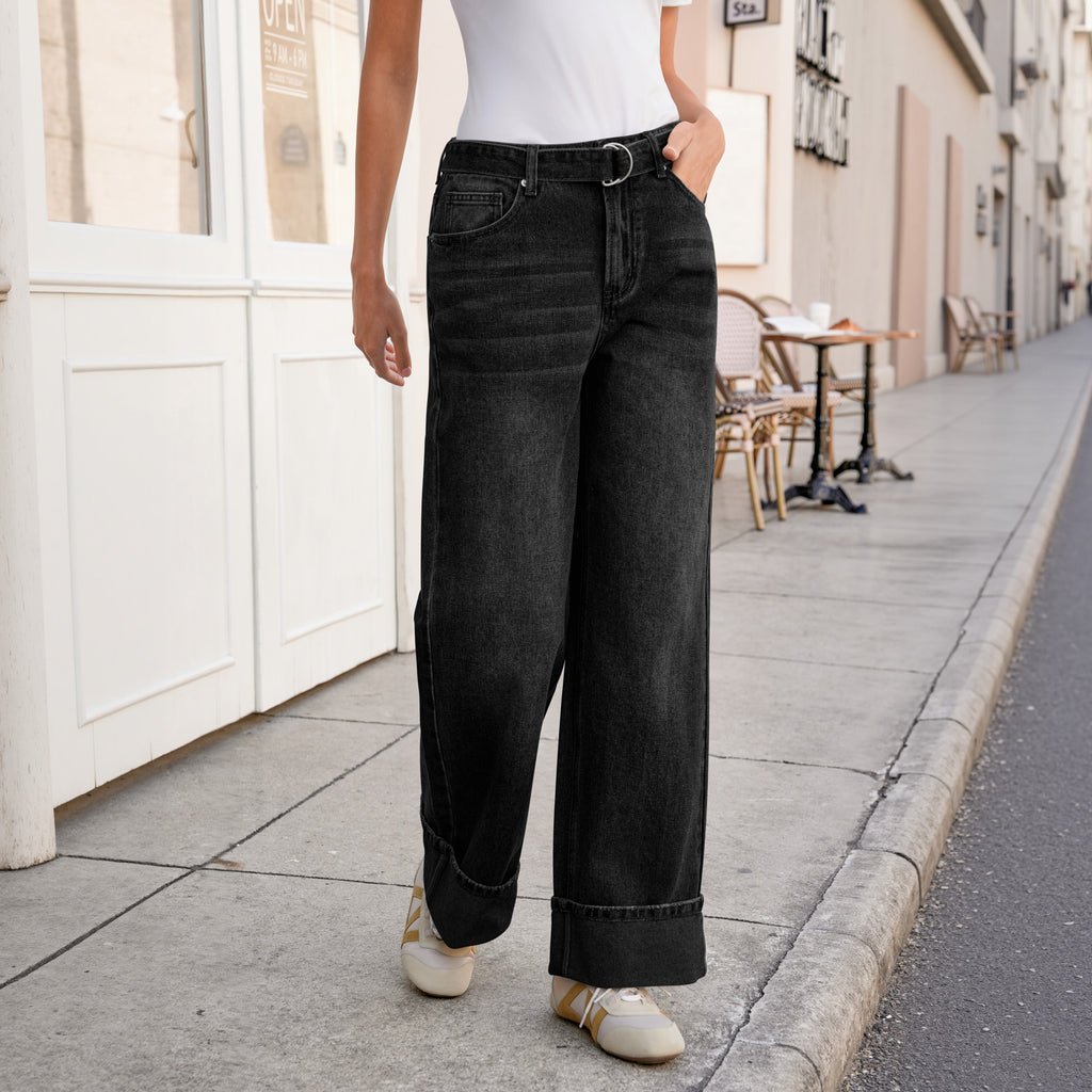Tankaneo Womens Wide Leg Cuffed Jeans Trendy High Waisted Baggy Boyfriend Casual Denim Pants with Belted