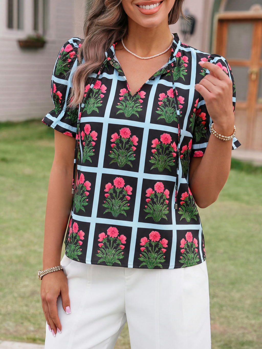 Tankaneo Womens Summer Floral Ruffle V Neck Blouses Dressy Casual Puff Short Sleeve Loose Fit Boho Shirts Tops