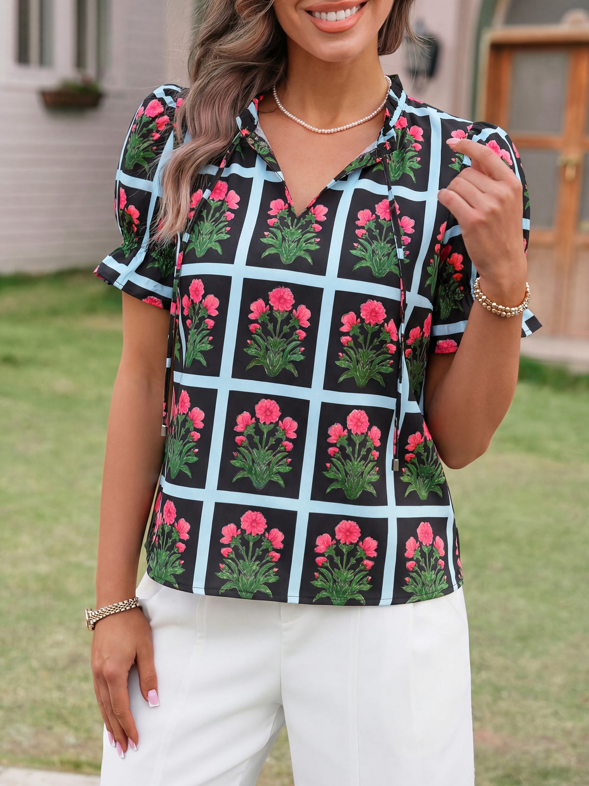 Tankaneo Womens Summer Floral Ruffle V Neck Blouses Dressy Casual Puff Short Sleeve Loose Fit Boho Shirts Tops