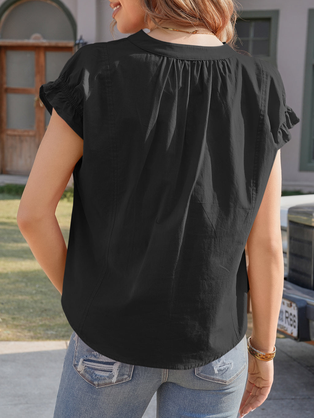 Tankaneo Womens Puff Sleeve V Neck Tops Summer Casual Cotton Blouse Trendy Loose Fit Tunic Shirts