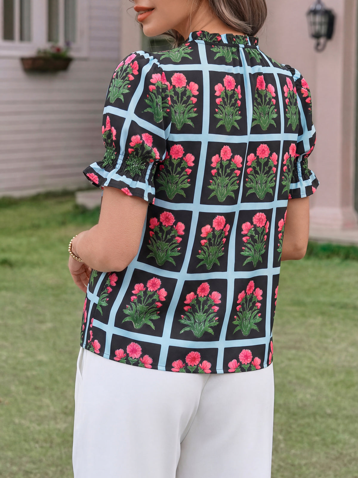 Tankaneo Womens Summer Floral Ruffle V Neck Blouses Dressy Casual Puff Short Sleeve Loose Fit Boho Shirts Tops