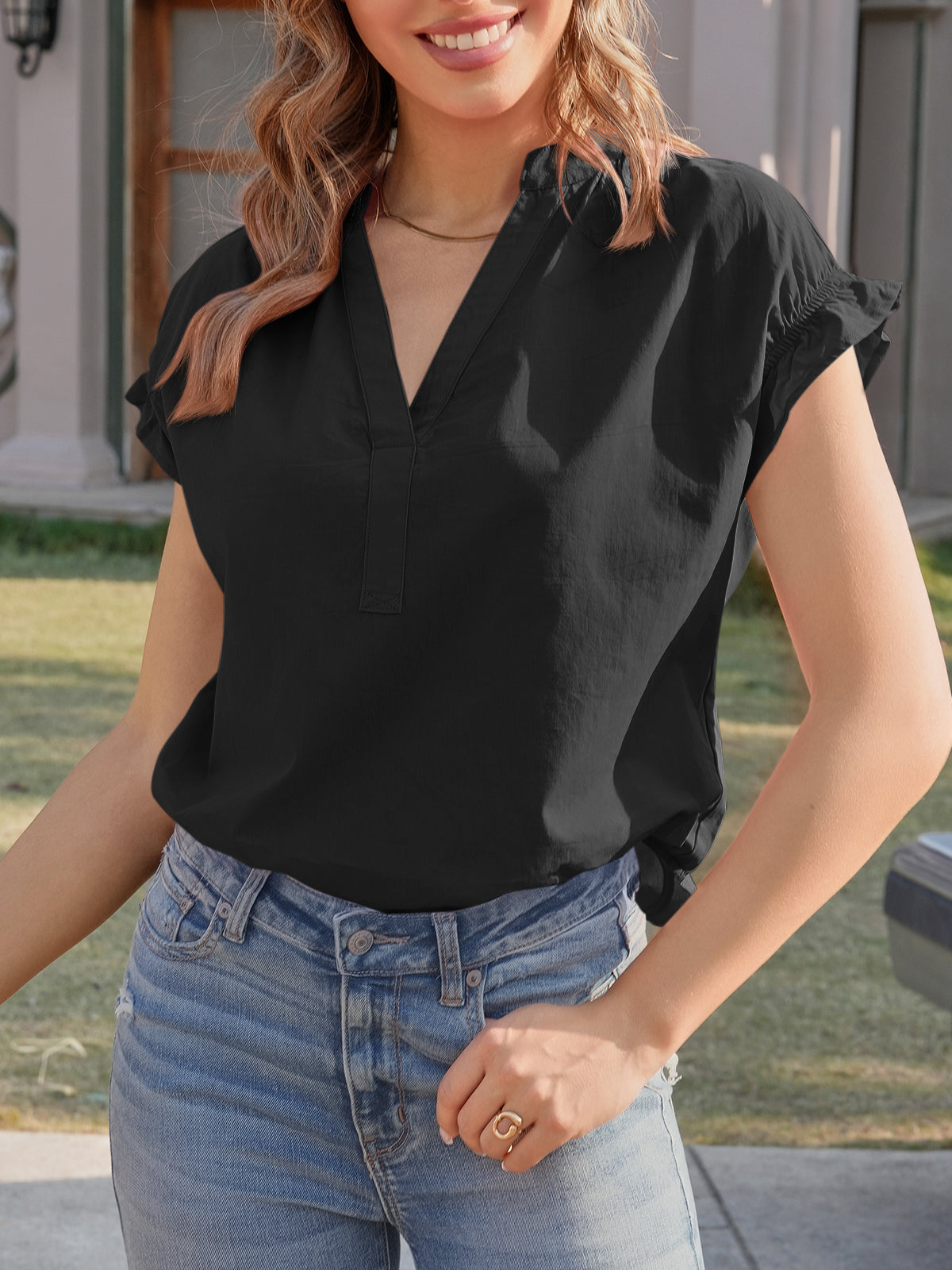 Tankaneo Womens Puff Sleeve V Neck Tops Summer Casual Cotton Blouse Trendy Loose Fit Tunic Shirts