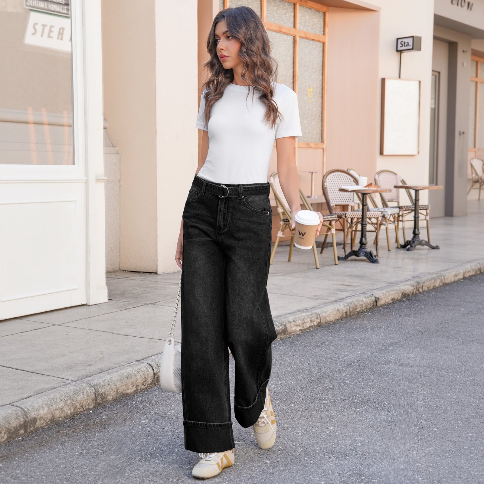 Tankaneo Womens Wide Leg Cuffed Jeans Trendy High Waisted Baggy Boyfriend Casual Denim Pants with Belted