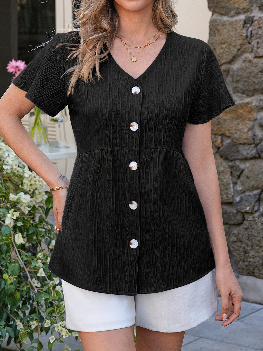 Tankaneo Womens Short Sleeve Blouse Casual Button Down V Neck Babydoll Shirt Loose Fit Ruffle Hem Peplum Tops