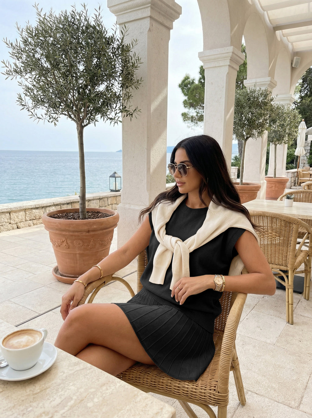 Tankaneo Womens 2 Piece Outfits Sweater Skirt Sets Cap Sleeve Sweater Tops Pleated Mini Skirt Knit Lounge Matching Set