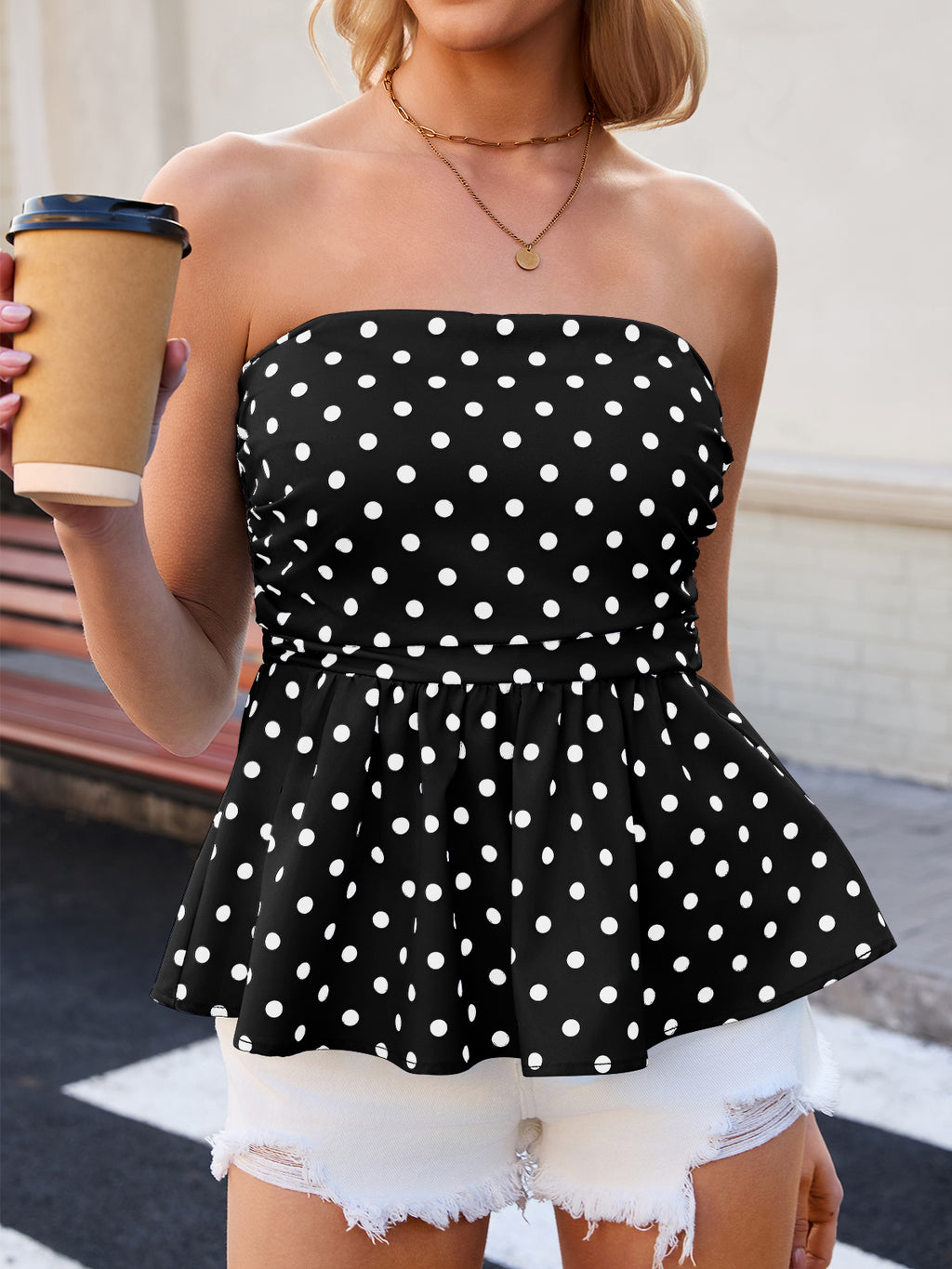 Tankaneo Womens Strapless Polka Dot Tube Tops Cute Backless Peplumn Ruffle Hem Bandeau Top Slim Fit Y2k Tank Tops